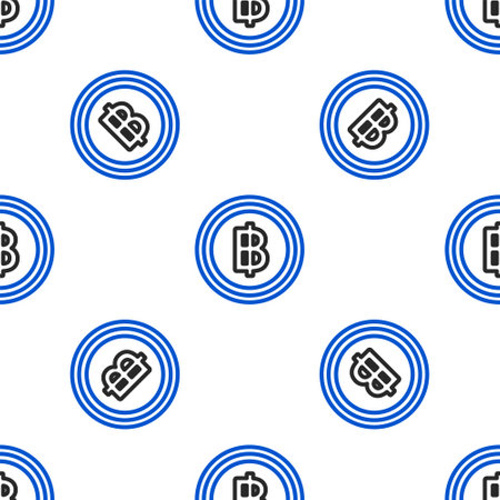 Line Cryptocurrency coin Bitcoin icon isolated seamless pattern on white background. Blockchain technology, bitcoin, digital money market, cryptocoin wallet. Colorful outline concept. Vector.のイラスト素材