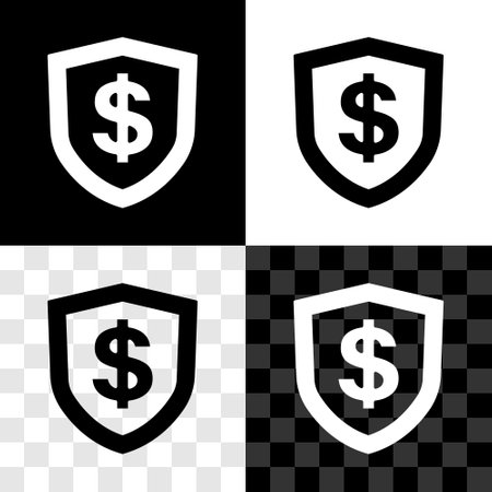 Set Shield with dollar symbol icon isolated on black and white, transparent background. Security shield protection. Money security concept. Vector.のイラスト素材