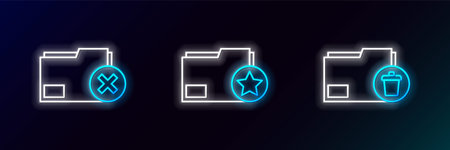 Set line Delete folder and Document with star icon. Glowing neon. Vector.のイラスト素材
