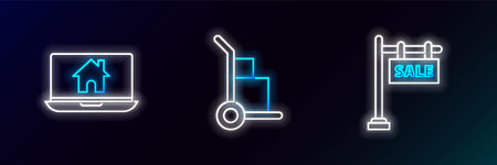 Set line Hanging sign with text Sale Laptop and smart home and Hand truck boxes icon. Glowing neon. Vector.のイラスト素材