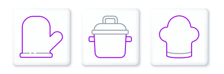 Set line Chef hat Oven glove and Cooking pot icon. Vector.のイラスト素材