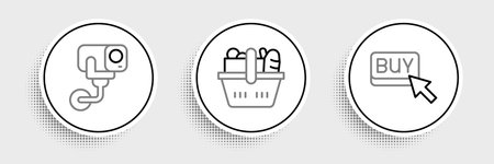 Set line Buy button Security camera and Shopping basket and food icon. Vector.のイラスト素材