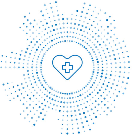 Blue line Heart with a cross icon isolated on white background. First aid. Healthcare, medical and pharmacy sign. Abstract circle random dots. Vector Illustration.のイラスト素材