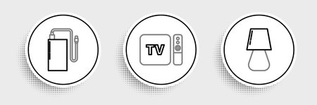 Set line Table lamp Power bank with different charge cable and TV box receiver and player remote controller icon. Vector.のイラスト素材