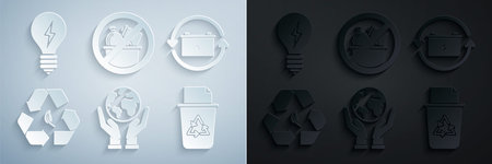 Set Human hands holding Earth globe Battery with recycle symbol Recycle leaf bin No trash and Light bulb lightning icon. Vector.のイラスト素材