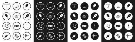 Set Fishing spoon net water hook under with fish and float and icon. Vector.のイラスト素材
