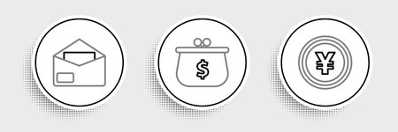 Set line Coin money with Yen symbol Envelope and Wallet dollar icon. Vector.のイラスト素材