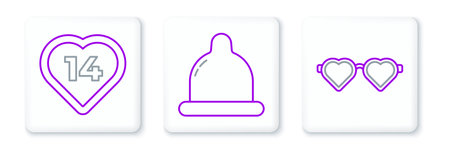 Set line Heart shaped love glasses and Condom icon. Vector.のイラスト素材