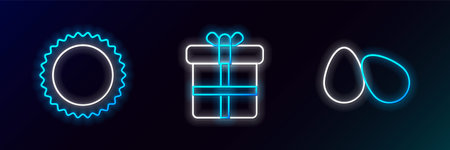 Set line Easter eggs Sun and Gift box icon. Glowing neon. Vector.のイラスト素材
