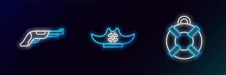 Set line Lifebuoy Vintage pistol and Pirate hat icon. Glowing neon. Vector.のイラスト素材