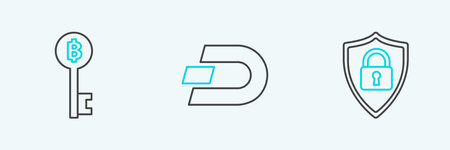 Set line Shield security with lock Cryptocurrency Bitcoin key and Dash icon. Vector.のイラスト素材