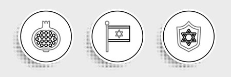 Set line Shield with Star of David Pomegranate and Flag Israel icon. Vector.のイラスト素材
