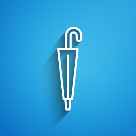 White line Classic elegant umbrella icon isolated on blue background. Rain protection symbol. Long shadow. Vector.のイラスト素材