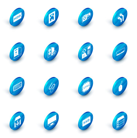 Set Hard disk drive HDD Video graphic card LAN cable network internet Case of computer Keyboard Laptop and Motherboard digital chip icon. Vector.のイラスト素材