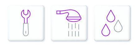 Set line Water drop Wrench spanner and Shower icon. Vector.のイラスト素材