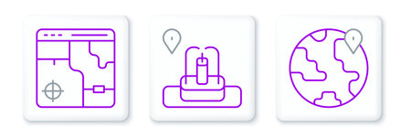 Set line Location on the globe Infographic of city map and with fountain icon. Vector.