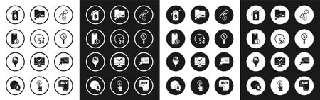 Set Chain link and coin Clock 24 hours Smartphone with dollar Price tag Magnifying glass Cursor click document folder Online shopping screen and Lead management icon. Vector.のイラスト素材