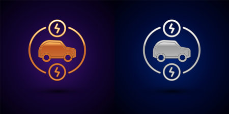 Gold and silver Electric car and electrical cable plug charging icon isolated on black background. Renewable eco technologies. Vector.のイラスト素材