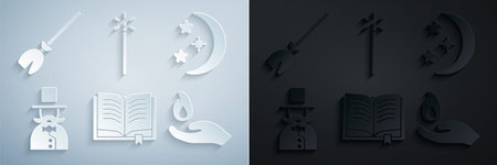 Set Ancient magic book Moon and stars Magician Hand holding fire wand and Witches broom icon. Vector.のイラスト素材