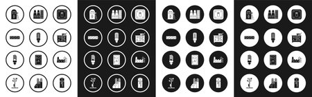 Set Electric light switch LED bulb extension cord car charging station Diesel power generator Power plant and factory and icon. Vector.のイラスト素材