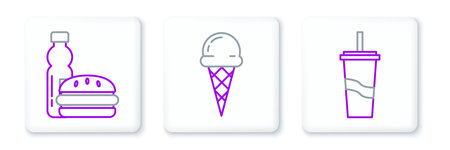 Set line Paper glass with drinking straw and water Bottle of burger and Ice cream waffle cone icon. Vector.のイラスト素材