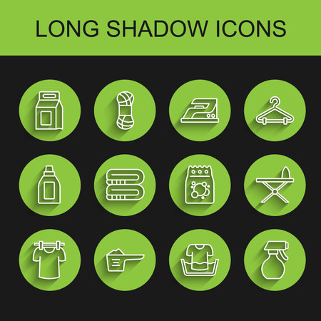 Set line Drying clothes Washing powder Laundry detergent Basin with shirt Water spray bottle Towel stack Iron and ironing board and icon. Vector.のイラスト素材