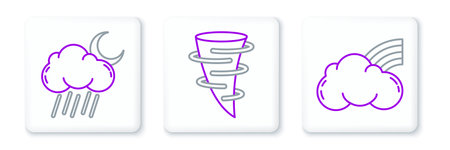 Set line Rainbow with clouds Cloud rain and moon and Tornado icon. Vector.のイラスト素材