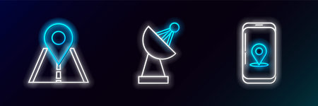 Set line Infographic of city map navigation Road traffic sign and Radar icon. Glowing neon. Vector.のイラスト素材