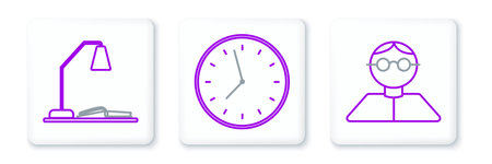 Set line Student Workplace with table lamp and open book and Clock icon. Vector.