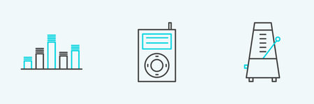 Set line Metronome with pendulum in motion Music equalizer and MP3 player icon. Vector.