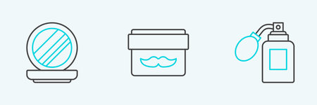 Set line Aftershave bottle with atomizer Makeup powder mirror and Cream lotion cosmetic jar icon. Vector.のイラスト素材