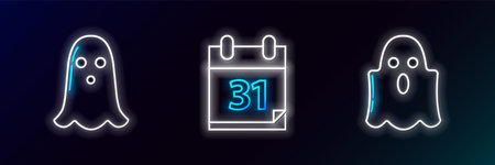 Set line Ghost and Calendar with Halloween date 31 October icon. Glowing neon. Vector.