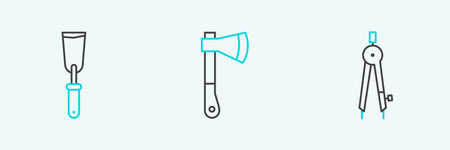 Set line Drawing compass Putty knife and Wooden ax icon. Vector.