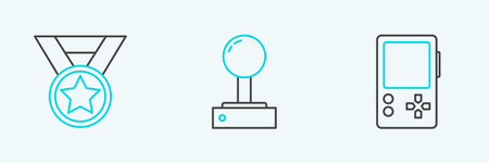 Set line Portable video game console Medal and Joystick for arcade machine icon. Vector.