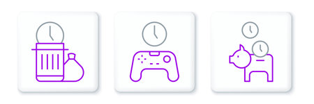 Set line Piggy bank with coin Waste of time and Gamepad icon. Vector.のイラスト素材