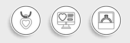 Set line Diamond engagement ring Necklace with heart shaped and Dating app online icon. Vector.