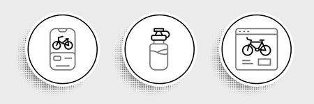 Set line Bicycle rental mobile app and Sport bottle with water icon. Vector.のイラスト素材