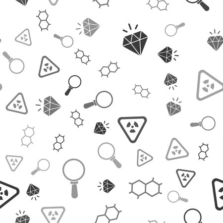Set Diamond, Chemical formula, Triangle with radiation and Magnifying glass on seamless pattern. Vector.のイラスト素材