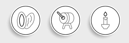 Set line Burning candle Date fruit and Ramadan drum icon. Vector.のイラスト素材