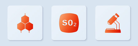 Set Sulfur dioxide SO2 Chemical formula and Microscope. White square button. Vector.
