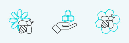 Set line Bee and honeycomb flower and Honeycomb hand icon. Vector.