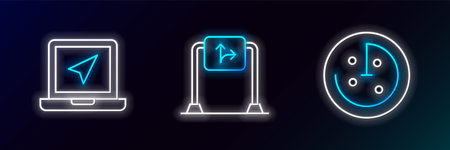 Set line Radar with targets on monitor Laptop location marker and Road traffic sign icon. Glowing neon. Vector.のイラスト素材