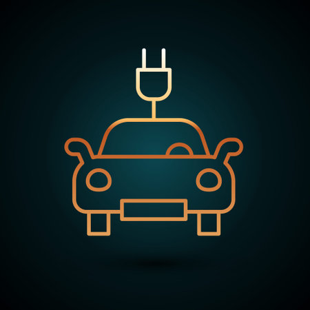Gold line Electric car and electrical cable plug charging icon isolated on dark blue background. Renewable eco technologies. Vector.のイラスト素材