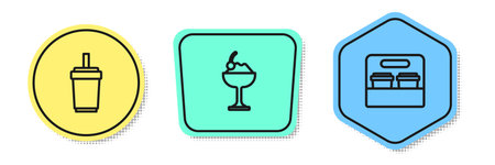 Set line Paper glass with straw, Ice cream in bowl and Coffee cup to go. Colored shapes. Vector.
