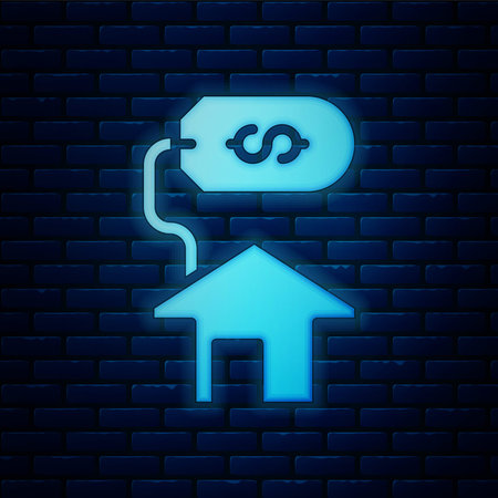 Glowing neon House with dollar symbol icon isolated on brick wall background. Home and money. Real estate concept. Vector.のイラスト素材