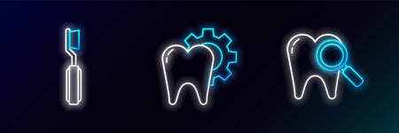 Set line Dental search Toothbrush and treatment procedure icon. Glowing neon. Vector.のイラスト素材