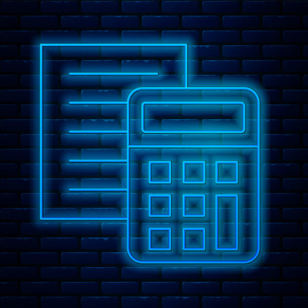 Glowing neon line Calculator icon isolated on brick wall background. Accounting symbol. Business calculations mathematics education and finance. Vector.のイラスト素材