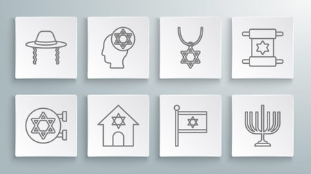 Set line Jewish synagogue Orthodox jewish hat Flag of Israel Hanukkah menorah Star David necklace on chain Torah scroll and icon. Vector.のイラスト素材
