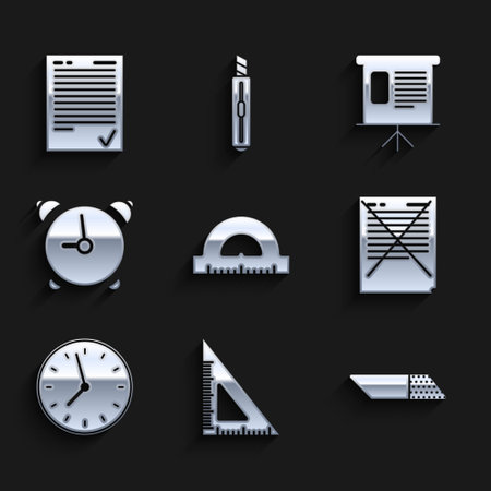 Set Protractor grid for measuring degrees Clock Alarm clock Presentation financial board graph schedule chart diagram infographic pie graph and sheet check mark icon. Vector.のイラスト素材