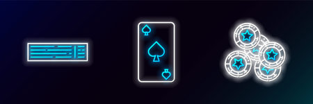 Set line Casino chips Deck of playing cards and Playing with spades symbol icon. Glowing neon....